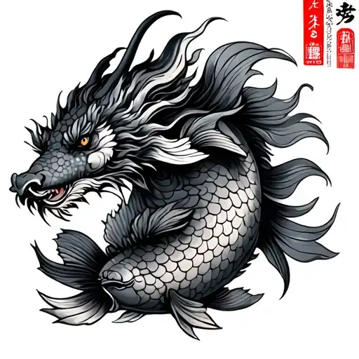 Carp Koi Transforming Into A Dragon Traditional Japanese Black And Gray