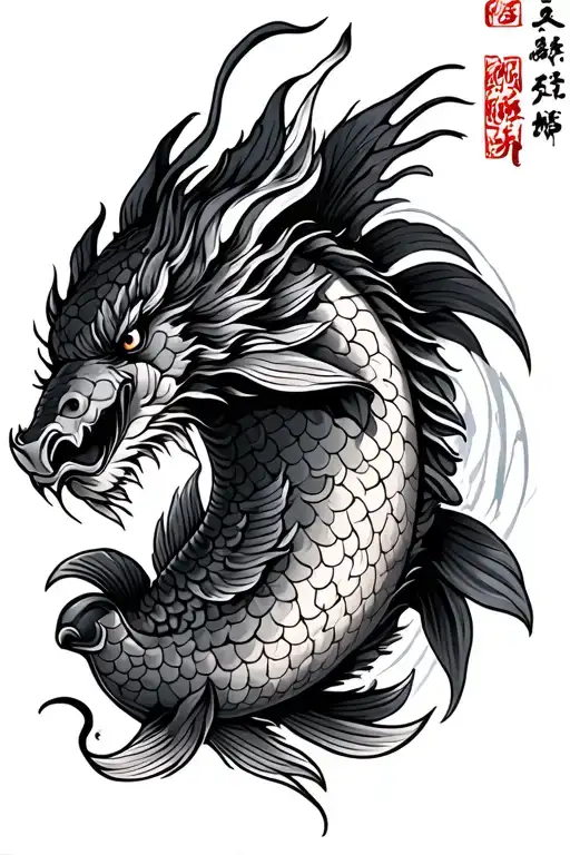 Carp Koi Transforming Into A Dragon Traditional Japanese Black And Gray