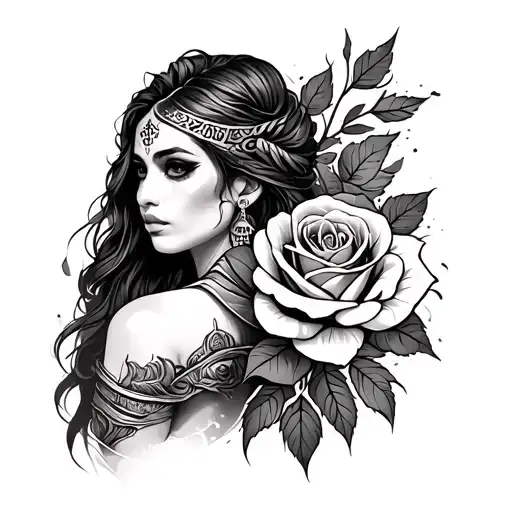 Tribal Tattoo With Ours Rose And Women Warrior