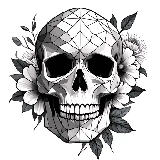 Realism Fine Line Skull Flowers Geometric