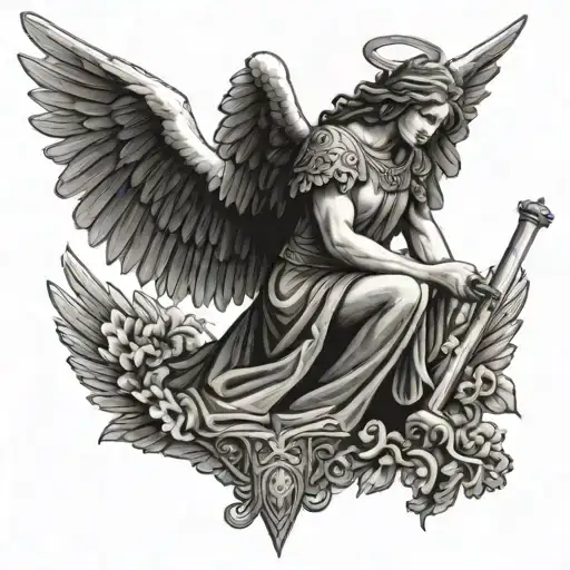 Angel Kneeling Holding A Sword With Wings Outstretched