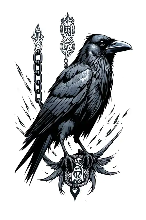 Crow With Chain Of Slavic God Runes On Hand