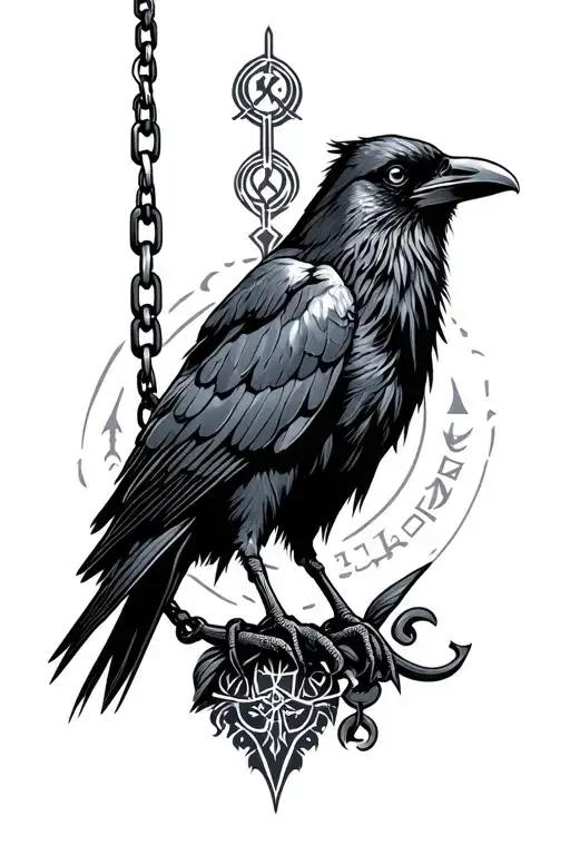 Crow With Chain Of Slavic God Runes On Hand