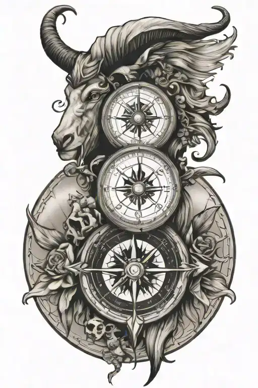 Compass With A Capricorn Head And With A Meneto Mori And With 777