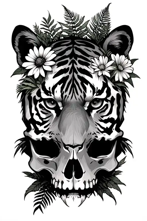 Tiger Looking Back In Wild Flowers And Ferns Sprouting From A Skull