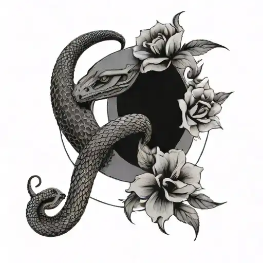 A Snake Around Flowers And A Crescent Moon On Top