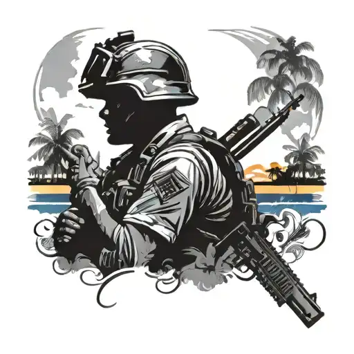 Create A Tattoo Featuring A Silhouette Of A Marine With The Outline Of Haiti In The Background