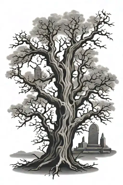 Dead Tree With Tombstones Hanging From Branches