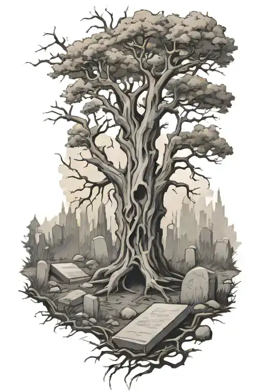 Dead Tree With Tombstones In The Trunk