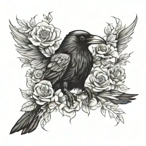 Raven And Flowers Growing
