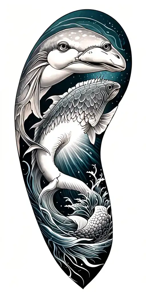 Patchwork Sleeve Tattoo Featuring Ocean Animals