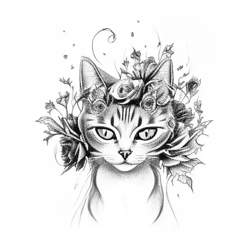 A Black And Grey Tattoo Of A Ghostly Cat Playing With A Bouquet Of Dead Flowers