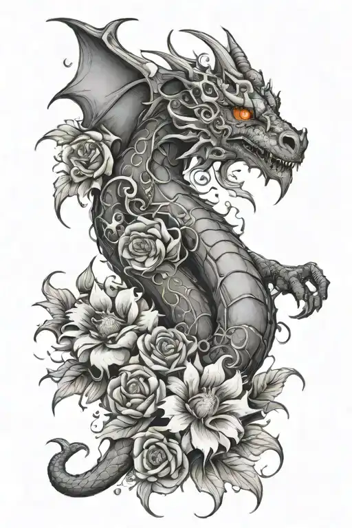 Dragon And Dead Flowers Intertwined With Flames Left Arm Sleeve