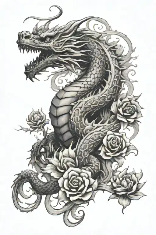 Dragon And Dead Flowers With Flames Left Arm Sleeve