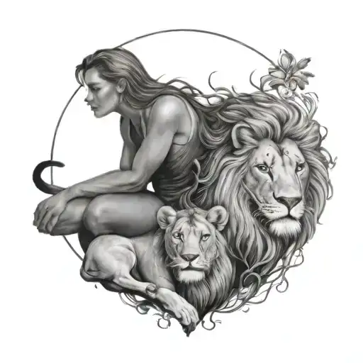 Lion And Woman Posing Together