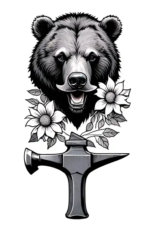Bear Head With Anvil And Hammer In Mouth And Flower Boarder