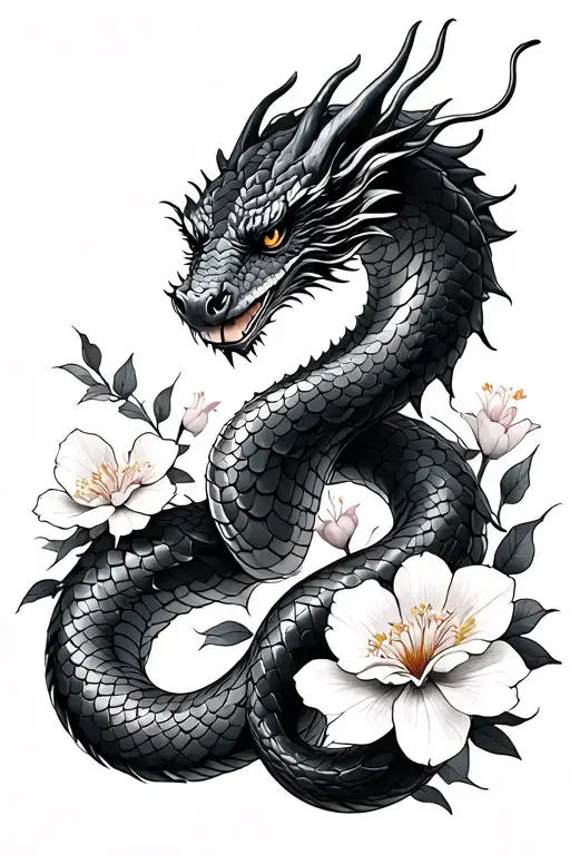 Snake With Dragon Scales In Curve With Sakura Flowers