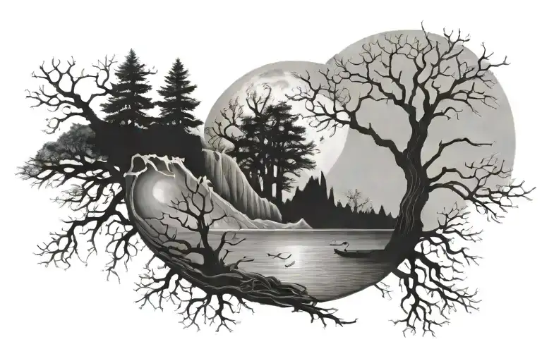 Moon With Ocean With Dead Tree