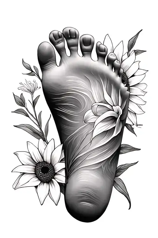 Baby Foot Print With Lilies And Sunflowers
