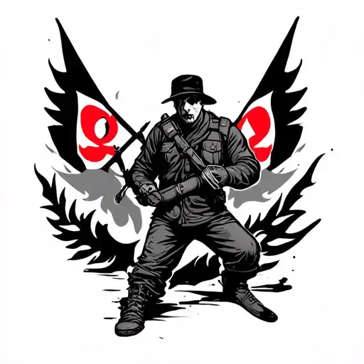 A Flaming Stamding On One Foot With The Two Flags From The Antifa Logo In The Background