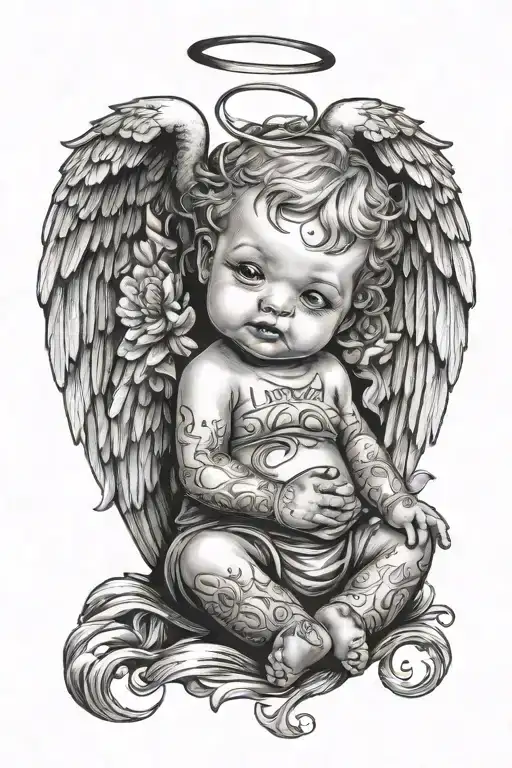Baby Angel With Cry Now Smile Later And Tattoos On Forearm