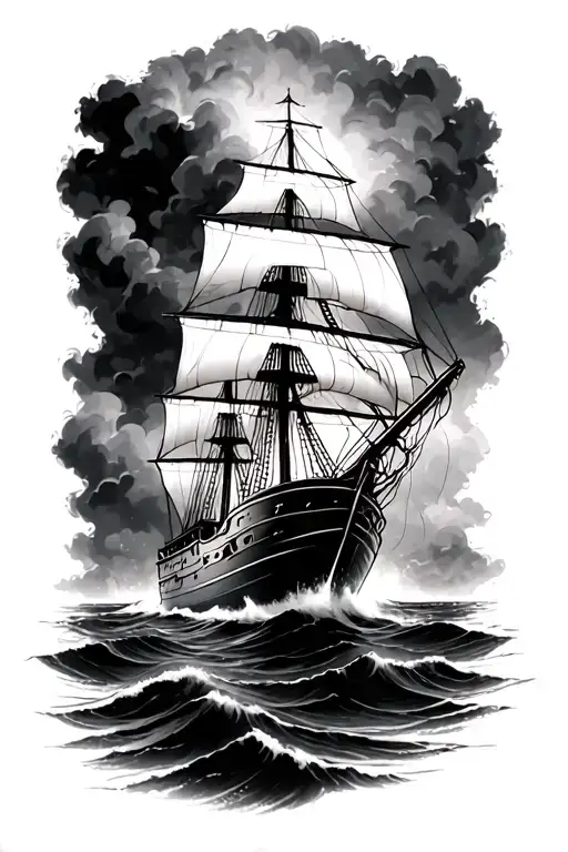 Weathered Ship Sailing Through Stormy