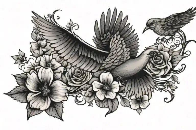 Flying Bird And Flowers