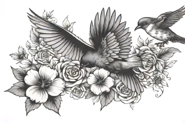 Flying Bird And Flowers