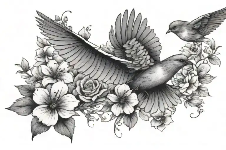 Flying Bird And Flowers