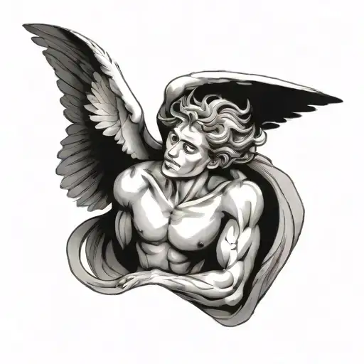 Male Angel In Full Face With Spread Wings Flying And Looking Up