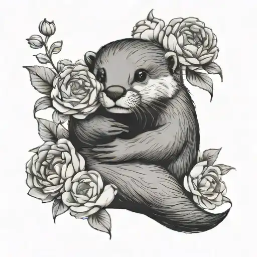 Baby Otter Holding Peony Flowers
