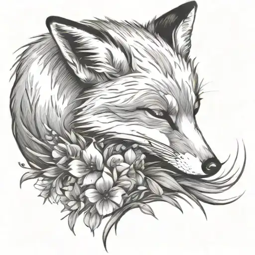 Fox Sleeping On Grass With Flowers Growing