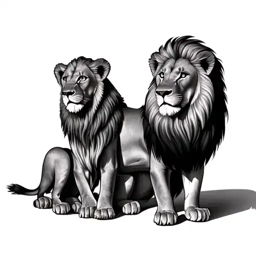 Seated Lion And Two Lion Cubs Seated On Each Side