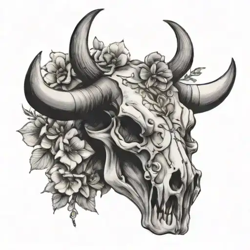 Bull Skull With January March July September And October Birth Flowers