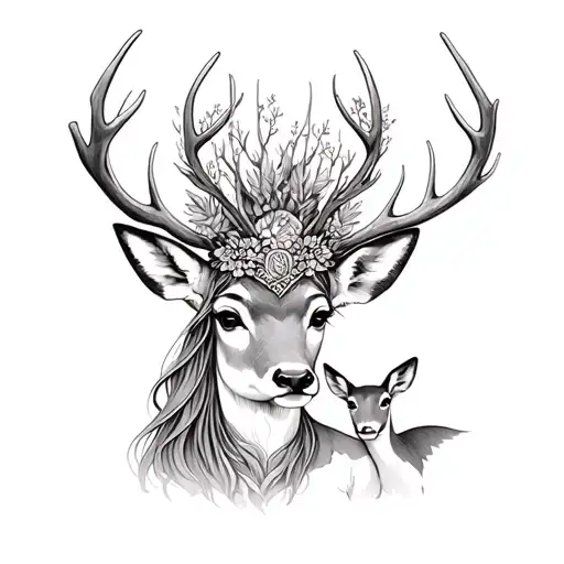 Forest Deer Goddess With A Deer Headdress Holding A Doe