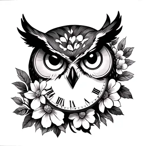 Owl Face With Flowers And Time Clock