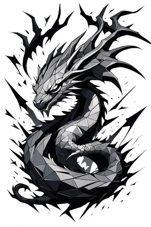 Geometrical Dragon Wrapped From A Dark Void With Some Glass Breaking Effect And Shards