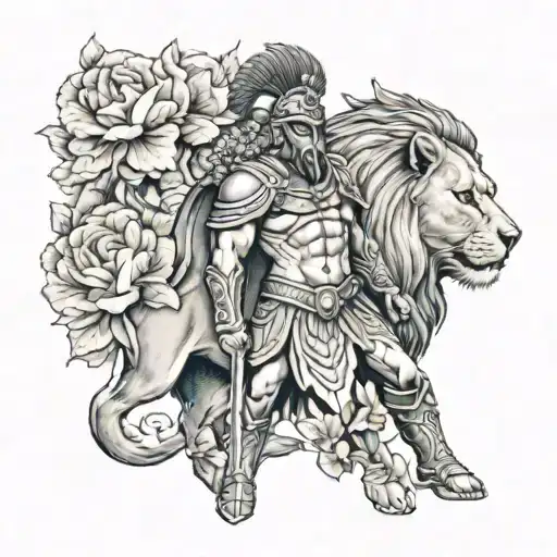 Spartan Warrior Infront Of Lion Surrounded By Flowers
