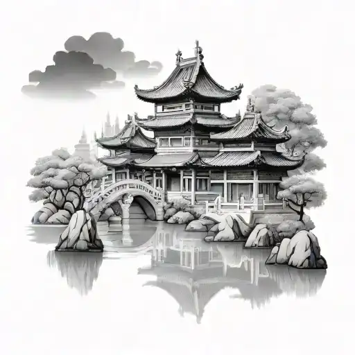 Asian Temple Panorama Scene With A Pond