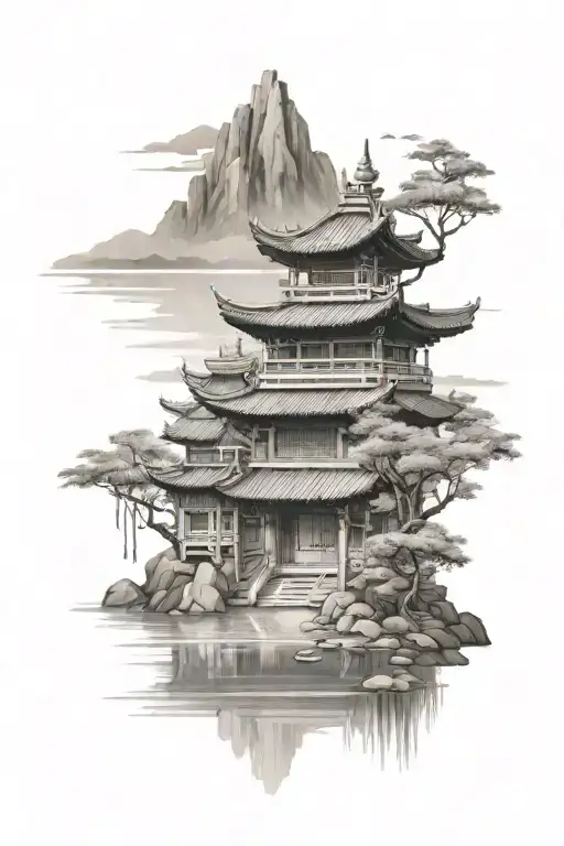 Asian Temple Panorama Scene With A Small Pond