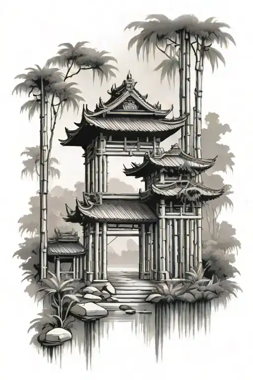 Asian Temple Gate In A Bamboo Forest