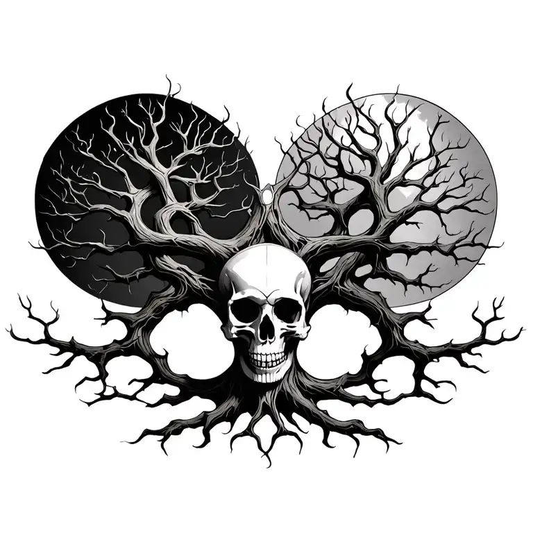 Ygdrassil Tree Of Life And Skull Tattoo Design