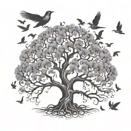 Oak Tree Of Life With Birds Flying Away