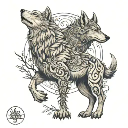 Wolf And Tocororo Bird And Bull In A Florest Wolf Standing