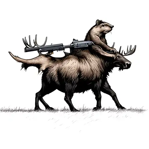 Beaver Riding A Moose Holding An Assult Riffle Gun