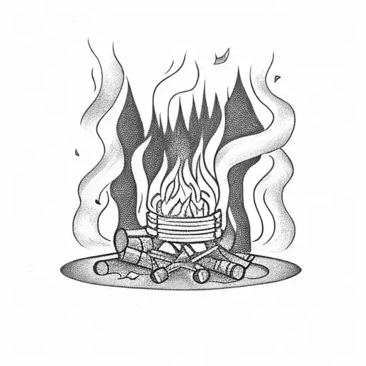 A Black-grey Tattoo Of A Campfire Surrounded By Beer Bottles In A Forest