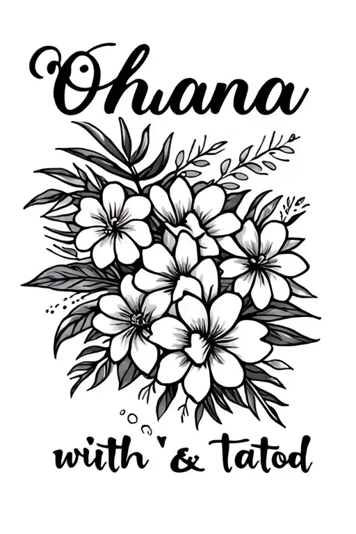 Boho But Hawaiian With Flowers And Cursive Words That Ohana With Thin Lines
