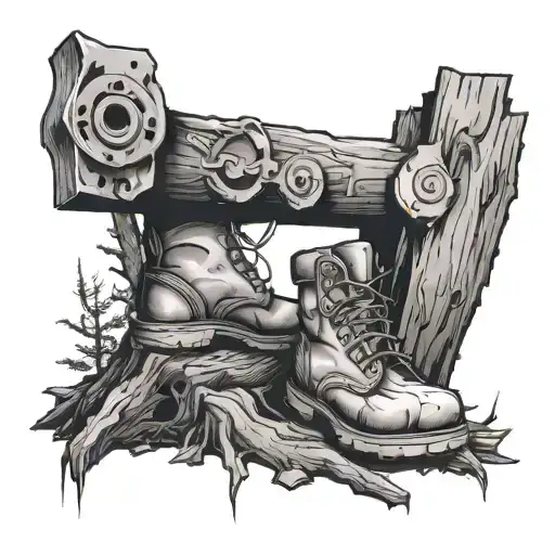Tree Stump With Chainsaw Boots And Hardhat
