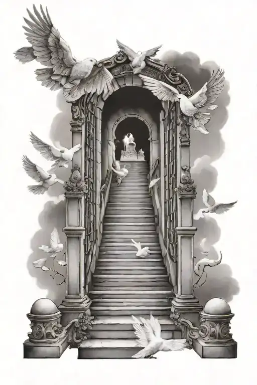 Stairway To Heaven With Gates Doves Flying