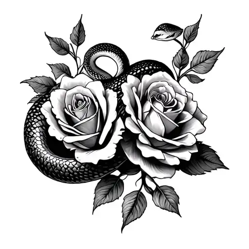 Snake Intertwined With Large Roses